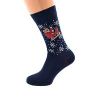 Novelty Christmas Holiday Socks, Navy Blue, Santa Sleigh and Snowflakes Design, UK Size 5-12, Unisex Adult
