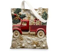 Novelty Christmas Truck Canvas Tote Bag for Shopping 13 * 15, Luxury Xmas Pearls Hollies Reusable Grocery Bag for Women, Winter Travel Pattern Gift Decoration
