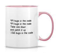 Novelty Coffee Mug 99 Bugs in The Code Programmer Software Engineer 11 Ounce Ceramic Coffee Mugs, Sarcasm, Sarcastic, Inspirational Birthday Gifts White Mug with Pink Handle and Inner