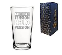 Novelty Conical Glass - Goodbye Tension Hello Pension - Retirement Gift - Engraved with Message