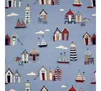 Novelty Designer Prints Cotton Rich Linen Look Quilting Craft Project Cushion Curtain Furnishing Upholstery Home Fabric Material | 55" - 140 cm Wide (per Half Metre, Beach Huts Blue)