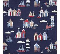 Novelty Designer Prints Cotton Rich Linen Look Quilting Craft Project Cushion Curtain Furnishing Upholstery Home Fabric Material | 55" - 140 cm Wide (per Half Metre, Beach Huts Navy Blue)
