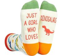 Novelty Dinosaur Crew Socks for Women, "Just A Girl Who Loves Dinosaurs" Funny Text Graphic Socks, Ideal for Dinosaur Lovers & Gift Giving (UK, Alpha, One Size, Regular, Regular, White Dinosaurs)