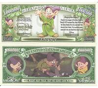 Novelty Dollar Dopey Snow White Dwarf Commemorative Million Dollar Bills x 2 1937 Film