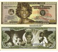 Novelty Dollar Whitney Houston Commemorative Million Dollar Bills x 2 American Singer Actress