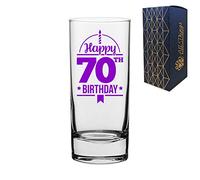 Novelty Engraved/Printed HiBall Gin and Tonic Vodka Glass - Happy 70th Birthday - Purple with Message