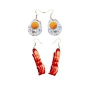 Novelty Food Dangle Earrings Set, Fried Egg and Bacon Design, 2 Pairs