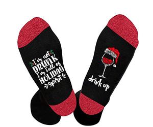 Novelty Funny Socks I'M NOT DRUNK, I'M FULL OF HOLIDAY SPIRIT Christmas Unisex Drink Up Red Wine Glasses Print Letter Thermal Cozy Warm Birthday Present Christmas Gifts for Lovers Men Women Unisex