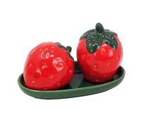 Novelty Glazed Ceramic Strawberry Shaped Salt and Pepper Pots/Shakers Set with Base - Red, Dark Green - 14 cm
