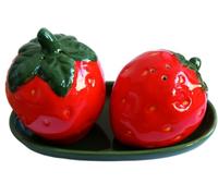Novelty Glazed Ceramic Strawberry Shaped Salt and Pepper Pots/Shakers Set with Base - Red, Dark Green - 14 cm