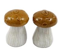 Novelty Glazed Ceramic Wooland Toadstool/Mushroom Cruet Set - Salt and Pepper Pots/Shakers - Brown/White - 8 cm