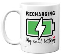 Novelty Mug for Women Men - Recharge My Social Battery - Funny Birthday Mugs Present Gifts for Friend Family Colleague, 11oz Ceramic Coffee Humour Joke Banter Cup