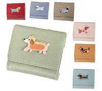 Novelty Multifunctional Dog Lover Genuine Leather Wallet Simple Compact Card Holder with Embroidered Dog Pattern Handmade DIY Paste Coin Purse Mini ID Wallet, Fruit green, Casual Cartoon Dog Pattern