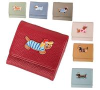 Novelty Multifunctional Dog Lover Genuine Leather Wallet Simple Compact Card Holder with Embroidered Dog Pattern Handmade DIY Paste Coin Purse Mini ID Wallet, red, Casual Cartoon Dog Pattern