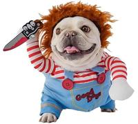 Novelty Pet Halloween Costume, Dog Cat Cosplay Outfit with Knife Prop (XL) | Soft Breathable Fabric, Adjustable Back Ties, Comes with Foam Knife & Wig for Holiday Pet Cosplay and Photos.
