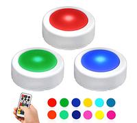 NOVELTY PLACE LED Puck Lights with Remote Control - Dimmable Under Cabinet Closet Lighting - Battery Operated Tap Lights - 12 Preset RGB Color Changing Adhesive Sticky Night Light with Timer (3 Pack)