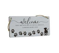 Novelty Plywood Hanging Sign for Home Reads 'Welcome, Those Who Enter Will Be Sniffed, Barked At, Slobbered On, and Loved' | Funny Idea for Dog Lovers (smlsgn-ds23-welslob)