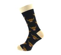 Novelty Scottish Highland Cattle Cow, Scotland Design Cotton Rich Woven Socks, Farm Animal Pattern, Black and Cream, UK Size 5-12, Unisex Adult