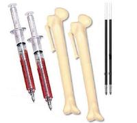 Novelty Syringe and Bone Pen Quad Pack - Writes in Black Ink - Free Refills for Syringe pens