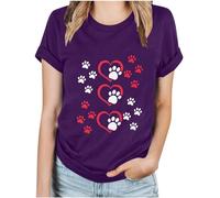 Novelty T Shirts for Women Funny Dog Leave Paw Prints On Your Heart Short Sleeve T Shirts Plus Size Tunic Tops Pattern Print Crewneck Summer Tops Casual Classic Animal Basic Tee Purple M
