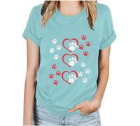 Novelty T Shirts for Women Funny Dog Leave Paw Prints On Your Heart Short Sleeve T Shirts Plus Size Tunic Tops Pattern Print Crewneck Summer Tops Casual Classic Animal Basic Tee Light Blue L