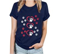 Novelty T Shirts for Women Funny Dog Leave Paw Prints On Your Heart Short Sleeve T Shirts Plus Size Tunic Tops Pattern Print Crewneck Summer Tops Casual Classic Animal Basic Tee Navy L