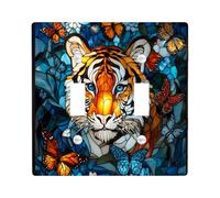 Novelty Tigers Butterflies Decorative Light Switch Cover Plate 2 Gang Double Toggle, Stained Glass Electrical Faceplate for Kitchen Bathroom, Animal Switchcover Decor