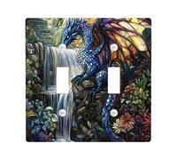 Novelty Western Dragons Decorative Light Switch Cover Plate 2 Gang Double Toggle, Fantasy Stained Glass Electrical Faceplate for Kitchen Bathroom, Animal Switchcover Decor