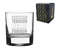 Novelty Whisky Glass - Goodbye Tension Hello Pension - Retirement Gift - Engraved with Message