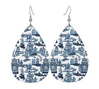 Novelty Women Earring Blue Willow Ancient Ming China Chinoiserie Drop Earrings Lightweight Leather Dangle Drop Earrings For Ladies Party Mother’S Day