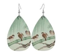 Novelty Women Earring Brown Birds On Bamboo Teardrop Leather Earrings Decorative Leather Dangle Drop Earrings For Mother’S Day Anniversary Party