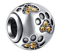 November Birthstone Cat Dog Paw Print Charms, 925 Sterling Silver Pet Heart Footprint Beads with Birth Stone Crystals Like Soccer Ball, Birthday Gifts for Halloween/Pandora DIY Bracelet