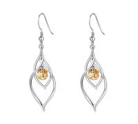November Birthstone Dangle Drop Earrings - Qings 925 Sterling Silver Citrine Earrings Linear Swirl French Wire Gem Piercing Yellow CZ Earring, Trendy Jewelry Birthday Gift for Women Girls