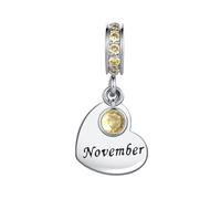 November Yellow Cubic Zirconia Birthstone Heart Dangle Charm Compatible with Pandora Charms Bracelets