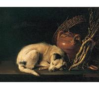 NOVEMS Mural Art Print Artwork Wall Art Famous Sleeping Dog with Terracotta Jug Basket and Kindling Wood By Gerrit Dou for Home Decor 60x90cm