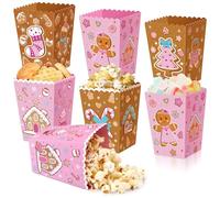 Noveread 60 Pcs Christmas Popcorn Favor Boxes Pink and Brown Gingerbread Man Christmas Party Supplies Treat Candy Cookie Paper Popcorn Boxes for Xmas Party Supplies Decor
