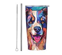 Novgift Australian Shepherd Stained Colorful Glass Gift For Men Women, Funny Coffee Mug 20 Oz Vacuum Water Bottle Insulated Travel Cup With Straw Lid Stainless Steel Tumbler