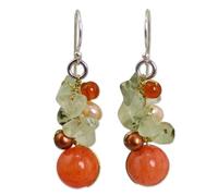 NOVICA Artisan Crafted Sterling Silver Citrine Plated Earrings | Multi Gemstones Dangle | Cluster pearl Radiant | Carnelian | Quartz | Cool Prehnite | Long French Wire Hook | Thailand