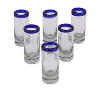 NOVICA Artisan Hand-Blown Tequila Blues Glasses | Mexican Tequila Blue Glasses | Clear Blue Rim Recycled Glass | Shot Glasses Bar Glasses Wine Glasses| 2 Oz. | Set of 6