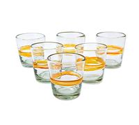 NOVICA Artisan Handblown Recycled Ecofriendly Rock Glasses Set 6 in Golden Hues Clear Yellow Mexico Tableware Drinkware Tumbler Juice Striped Misted Hacienda [ 3.5in H x 3.5in Diam. 10 Oz.] ' Ribbon