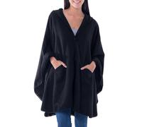 NOVICA Artisan Handmade Alpaca Blend Hooded Ruana Cape Andean with Acrylic Wool Clothing Wraps Ruanas Black Solid Peru ' Glamorous Night'