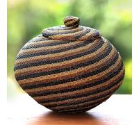 NOVICA Artisan Handmade Beaded Rattan Basket with Lid Brown Natural Fiber Indonesia Decor Accessories Striped Toasted Almond Iced Coffee Hazelnut Geometric 'Earth Currents'