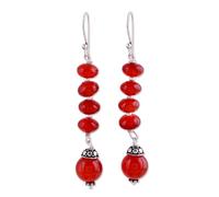 NOVICA Artisan Handmade Carnelian Dangle Earrings Sterling Silver Red Beaded India Birthstone [2.6 in L x 0.3 in W x 0.3 in D] ' Fire Fall'