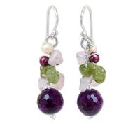 NOVICA Artisan Handmade Cultured Freshwater Pearl Rose Quartz Cluster Earrings .925 Sterling Silver Peridot Multigem Green Multicolor Beaded Dangle Thailand Birthstone 'Princess Legend'