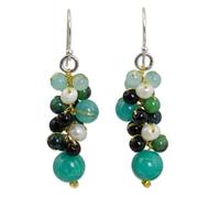 NOVICA Artisan Handmade Cultured Pearl Cluster Earrings Thai Green Agate Quartz Sterling Silver Plated Carnelian Glass Bead Black Beaded Dangle Thailand Bohemian Birthstone [1.8 in L x 0.4 in W] '