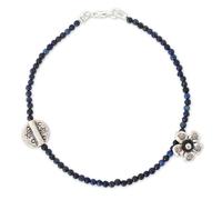 NOVICA Artisan Handmade Lapis Lazuli Beaded Bracelet Hill Tribe Silver Fine Sterling Blue Charm Thailand Royal Reflecting Pond Floral Birthstone Bohemian [7.25 in L x 0.1 in W] ' Hill Tribe River'