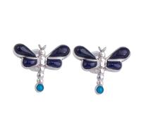 NOVICA Artisan Handmade Lapis Lazuli Chrysocolla Stud Earrings Dragonfly from Peru Fine Silver Animal Themed Birthstone [0.4 in L x 0.5 in W x 0.1 in D] ' Night Dragonflies'