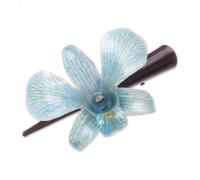 NOVICA Artisan Handmade Natural Orchid Hair Clip Blue Thai Stainless Steel Bar Thailand Floral [3.1 in L x 1.9 in W x 1.1 in D] ' Blue Orchid Love'