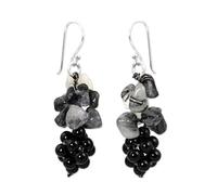 NOVICA Artisan Handmade Tourmalinated Quartz Onyx Cluster Earrings Gemstone Sterling Silver Brass Plated White Beaded Dangle Thailand Birthstone [1.8 in L x 0.5 in W] ' Heavenly Gift'