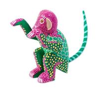 NOVICA Artisan Handmade Wood Alebrije Figurine Multicolored Small Mexico Sculpture Painted Monkey [2.8in H x 1.5in W x 3.5in D] ' Bold Monkey'